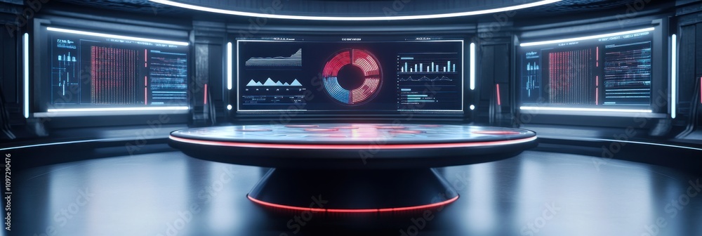 Poster Futuristic control room with data displays and a central round table for analysis.