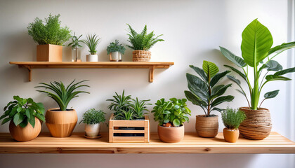  A collection of houseplants in wooden pots are arranged on a wooden shelf against a white wall.