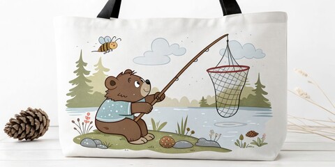 Charming Cartoon Bear Fishing at a Lake in Low Light â€“ Whimsical Scene with a Net, Tranquil Waters, 2D Illustration, Perfect for Children's Books and Nature Themes