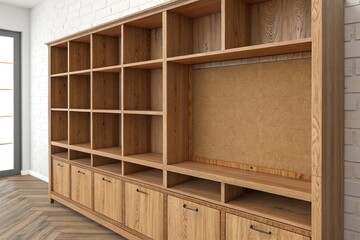 A wooden shelf and corkboard combination for storage and display, study aid, , office supply storage, desk accessories