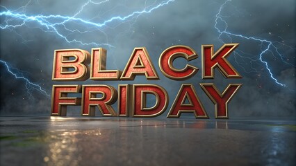 Dynamic 3D text announcing Black Friday sales with a stormy sky and lightning in the background, highlighting urgency and excitement.