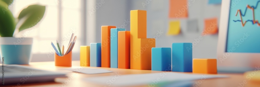 Aufkleber A colorful bar graph on a desk, illustrating data analysis in a work environment.