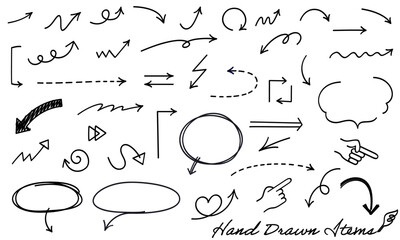 手描きのラフな矢印と吹き出しセット（　ふきだし　やじるし　フレーム　見出し　タイトル　アイコン　手　指差し　）