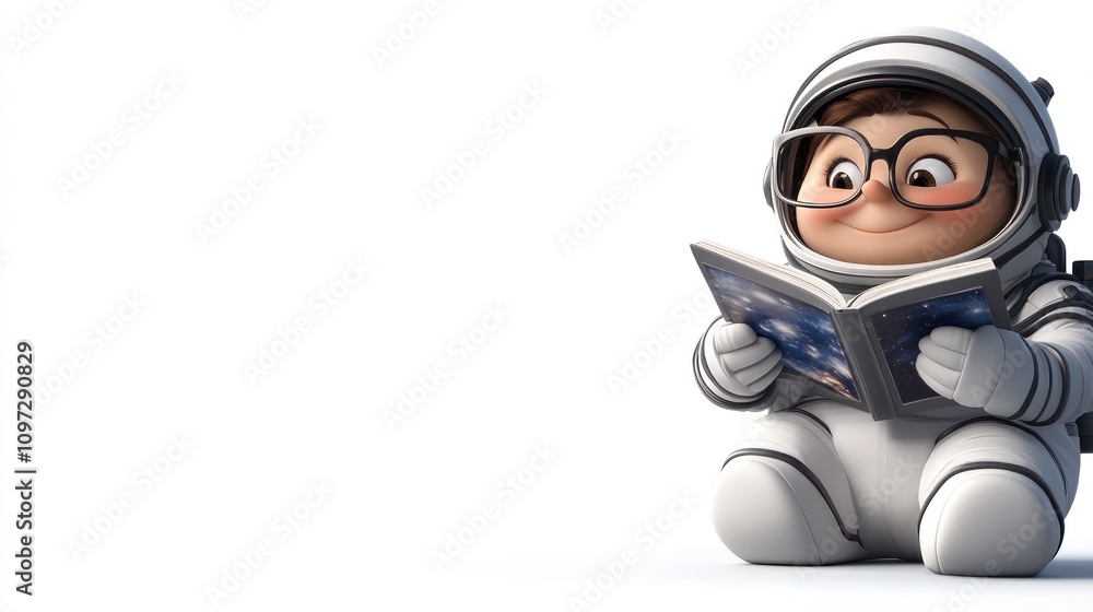 Poster a cute cartoon character in a spacesuit reading a book about stars.