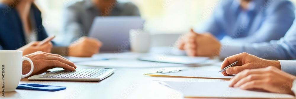 Poster A group collaborating at a table with devices and papers for a meeting or discussion.