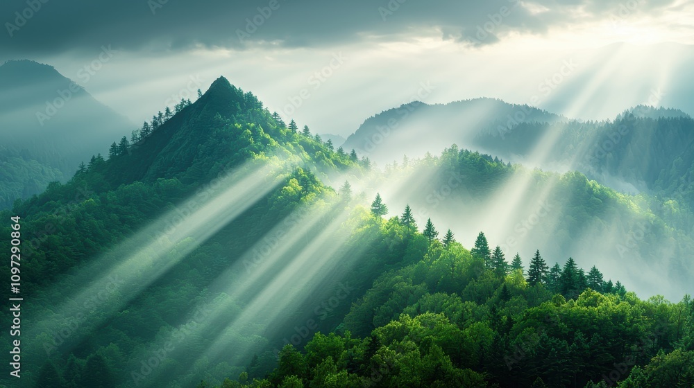 Poster sunlight breaks through the clouds, illuminating a peak and casting long shadows across the forested
