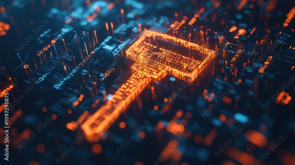 Poster a glowing digital key symbolizing cybersecurity and data protection amidst a circuit-like background