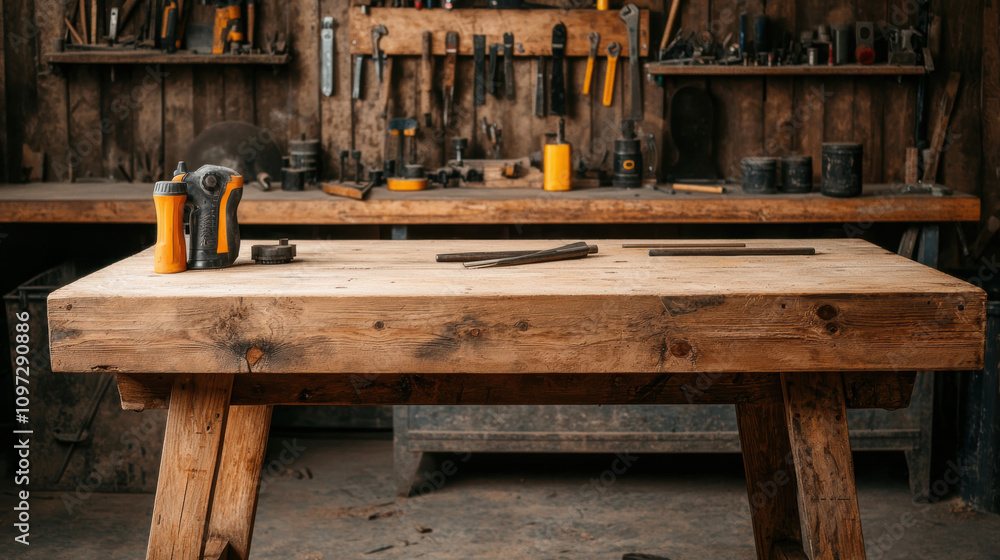 Poster equipment workshop background concept. a rustic wooden workbench in a workshop, surrounded by variou