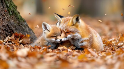 Obraz premium Cozy autumn bond: foxes nestle amidst falling leaves in forest scene