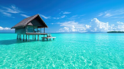 A traditional wooden hut perches on stilts over the water, offering stunning views of the lagoon and the lush island beyond.