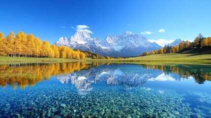 A crystal clear mountain lake reflects the surrounding peaks and forests, its surface undisturbed by the wind, a picture of serenity.