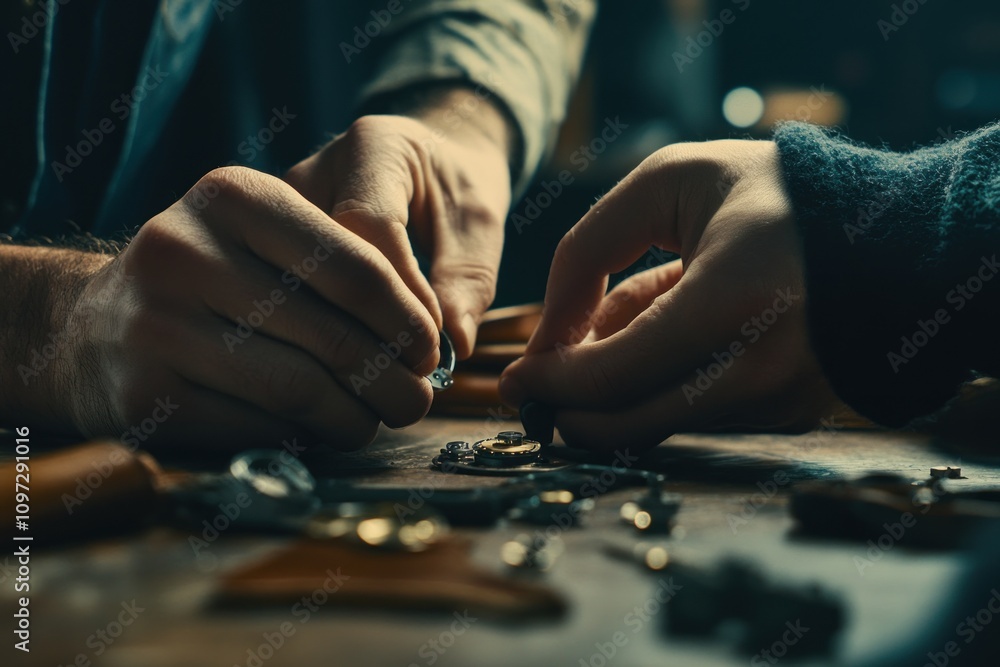 Poster two hands work together on intricate mechanical parts in a dimly lit workshop.