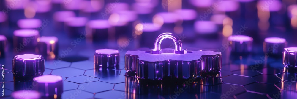Poster a futuristic digital lock amidst hexagonal patterns and glowing elements.