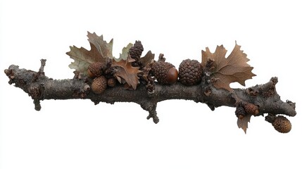 Fototapeta premium Nature-inspired craft with pinecones, acorns, and autumn leaves on branch