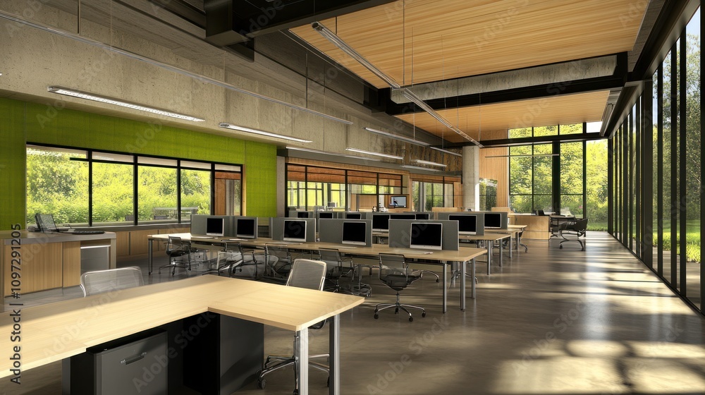 Aufkleber Modern office space featuring large windows, desks, and computers with a view of nature.