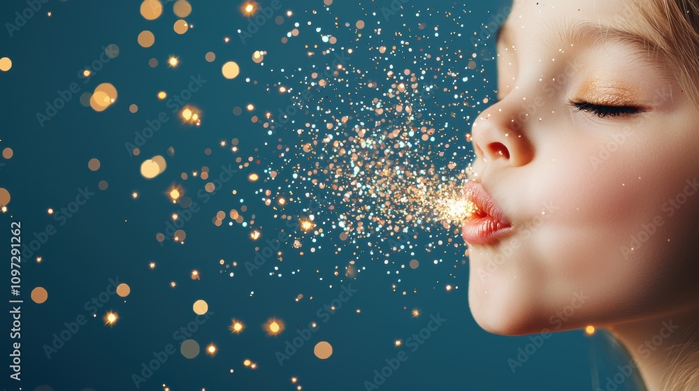 Poster a child blowing glitter into the air, creating a shower of shimmering particles that catch the light