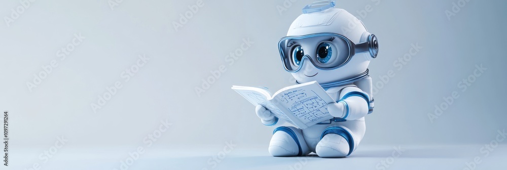 Aufkleber A cute robot character reading a book, showcasing curiosity and learning.