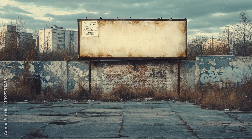 Poster An abandoned billboard in a desolate urban area, surrounded by crumbling walls and overgrown grass.