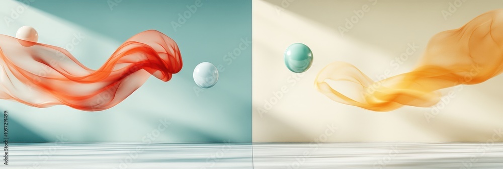 Poster dynamic fabric and spheres: abstract minimalist art with colorful motion