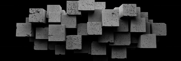 Abstract geometric concrete blocks in dynamic arrangement on black background