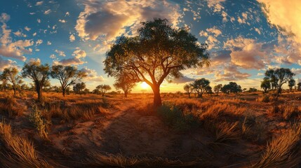 Obraz premium Sunset landscape photography of trees in a nature reserve captured with a fisheye lens for travel enthusiasts