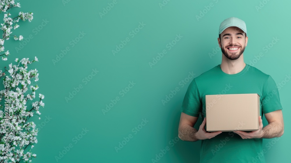 Poster a delivery person in uniform holding a cardboard box with a smile, ready to deliver a package to a c