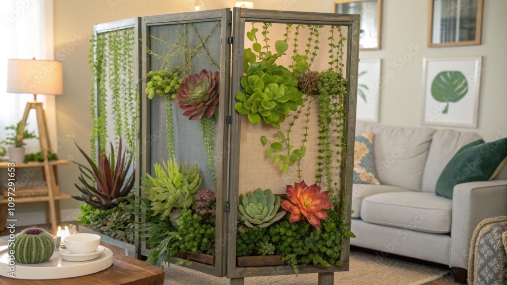 Poster This functional screen boasts a series of compartments filled with succulents and trailing vines enhancing the living area with a splash of color and texture.