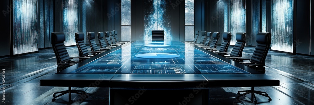 Poster a futuristic conference room with a high-tech table and digital displays.