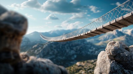 Obraz premium A suspension bridge spanning a deep canyon, offering dizzying views of the chasm below and the surrounding mountains.