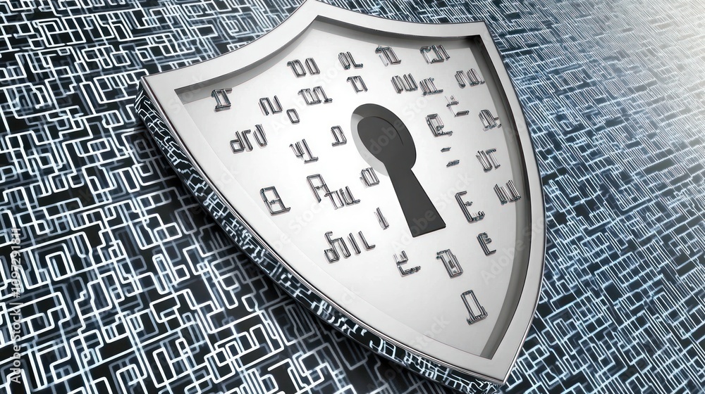 Aufkleber A shield symbolizing security with a keyhole, surrounded by digital patterns.