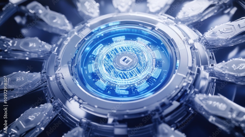 Poster a futuristic, circular interface with glowing elements and intricate designs.