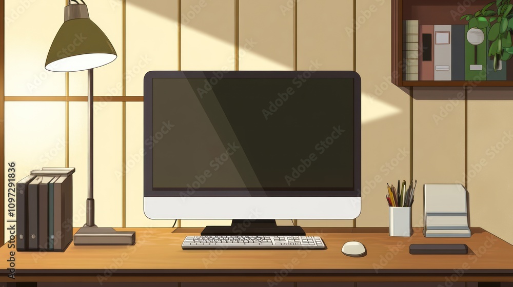 Poster Sunlit Home Office Workspace With Computer And Desk Lamp