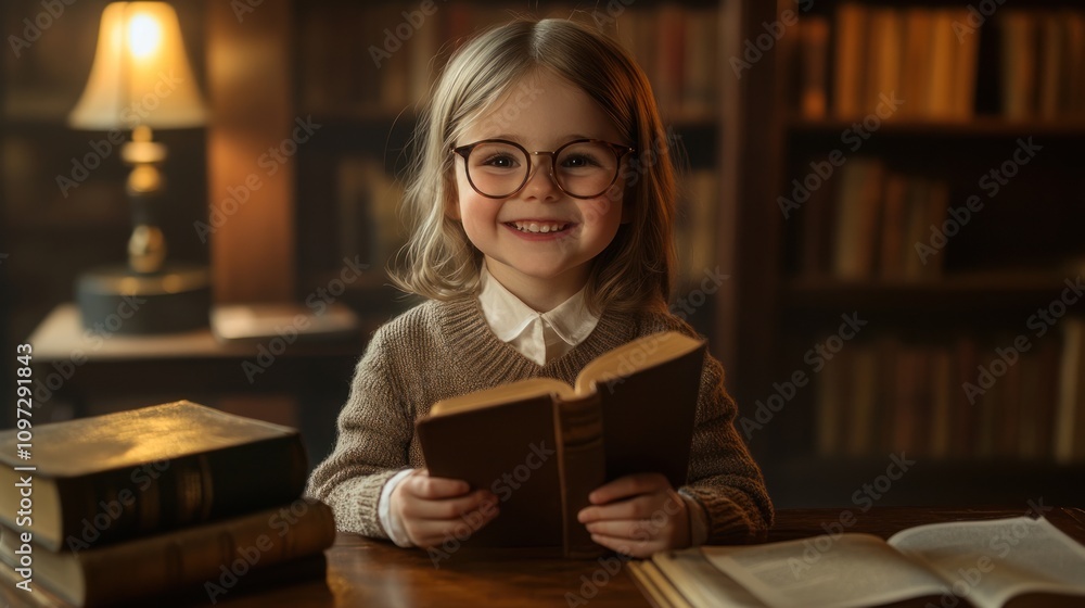 Poster a smiling child in glasses holds a book in a cozy library setting.