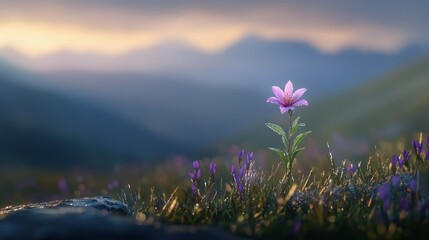 Obraz premium Nature travel adventure closeup of vibrant flower landscape at sunrise macro photography serene mountain environment