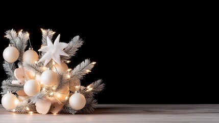 Obraz premium Elegant holiday decor: white ornaments and fir branches with soft lights