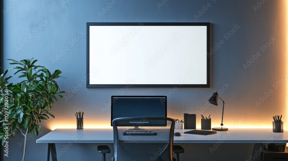 Poster modern home office workspace with blank frame