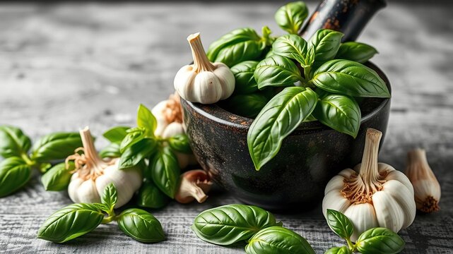 Fresh basil leaves and garlic in a mortar and pestle, sauce preparation, garlic, basil