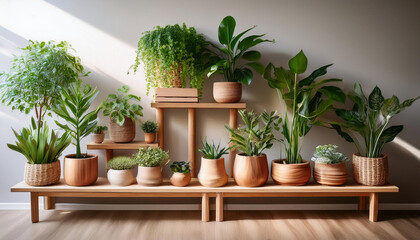 Fototapeta premium A collection of houseplants in wooden pots are arranged on a wooden shelf against a white wall.