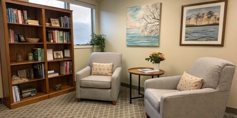 Cozy Psychologist's Office with Two Armchairs, Calming Atmosphere, Mental Health Setting, Professional Interior Design, Tranquil Space for Therapy and Counseling Sessions