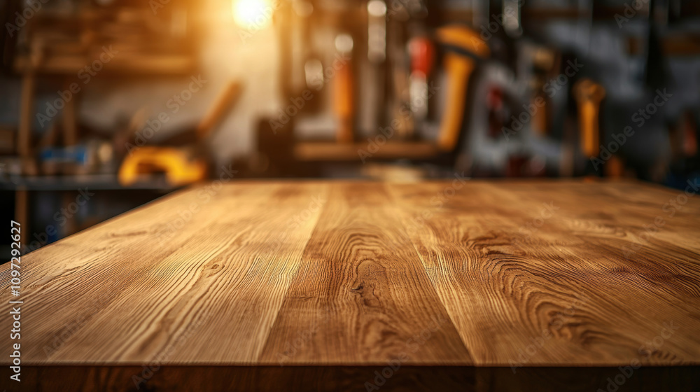 Poster equipment workshop background concept. a close-up of a wooden table in a workshop, with warm lightin