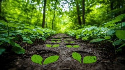 Fototapeta premium A trail of muddy footprints leads into a dense, overgrown forest, disappearing into the undergrowth and leaving the viewer to wonder who made them and where they were going.