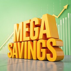 Bold 3D text of 'Mega Savings' in bright yellow against a green backdrop with upward graph lines, conveying a strong business sales offer or promotion.