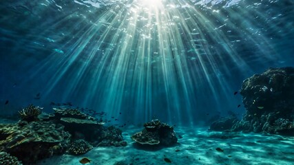 AI GENERATE background, A serene underwater world illuminated by gradient light beams in aqua and teal hues.