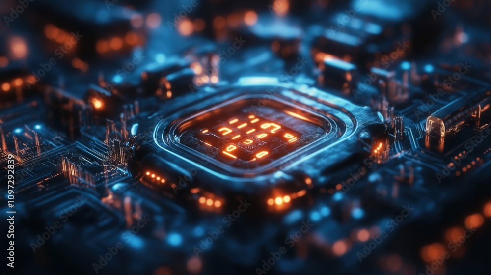 Poster abstract futuristic circuit board with glowing elements