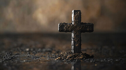 Ash-covered wooden cross representing repentance, forgiveness, and new beginnings on a dark background