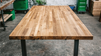Fototapeta premium Equipment workshop background concept. A polished wooden table with a smooth surface, set in a workshop environment, showcasing craftsmanship and a blend of natural materials.