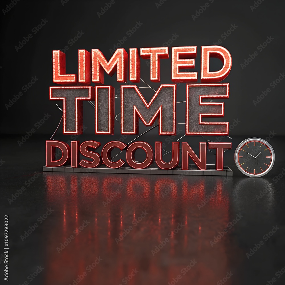 Poster bold 3d red text promoting a 'limited time discount' offer with a clock symbol on a reflective dark 