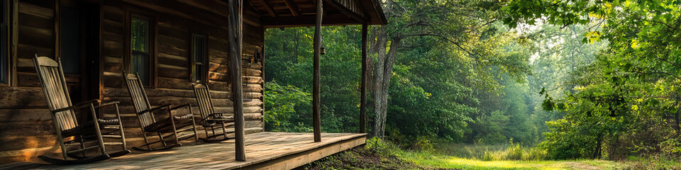 A rustic cabin nestled amongst the trees, with a wooden porch and rocking chairs, offering a peaceful retreat to travelers.