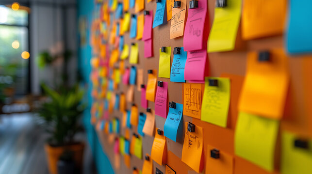 A close-up of sticky notes with creative ideas pinned on a collaborative wall during a team workshop