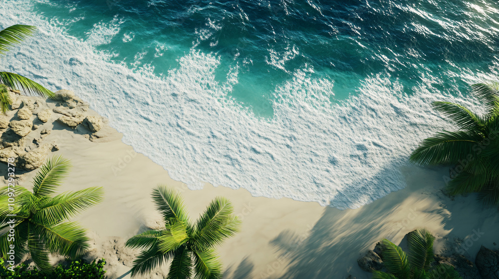 Poster aerial view of a tropical paradise with turquoise ocean waves crashing on a white sandy beach surrou